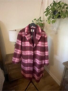 LOFT Burgundy and Pink Plaid Wool-Blend Pea Coat